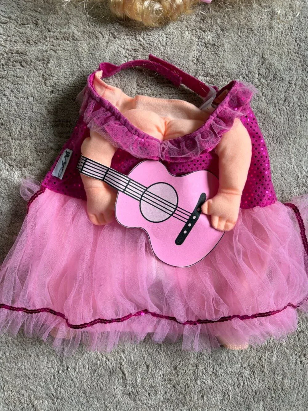 Doggy Dolly Parton Pink Dress Guitar & Wig Dog Halloween Costume Set M/L